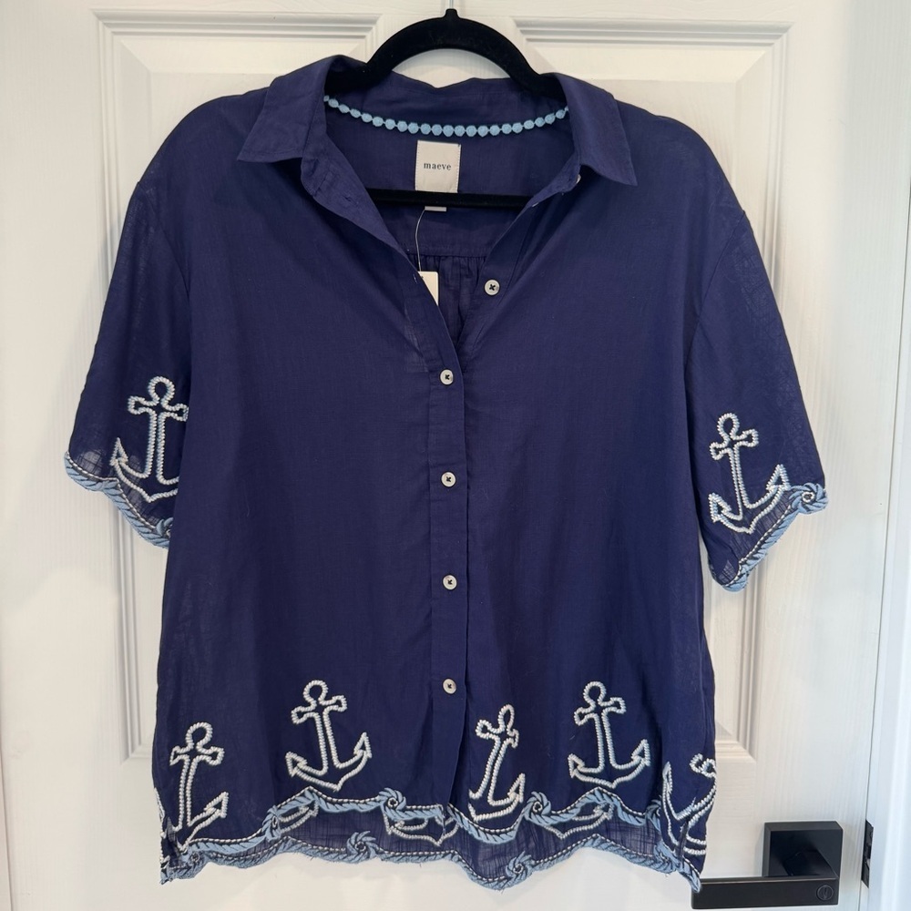 Maeve NWT Nautical Button Down Blouse Embroidered Anchors Scalloped Hem Cotton